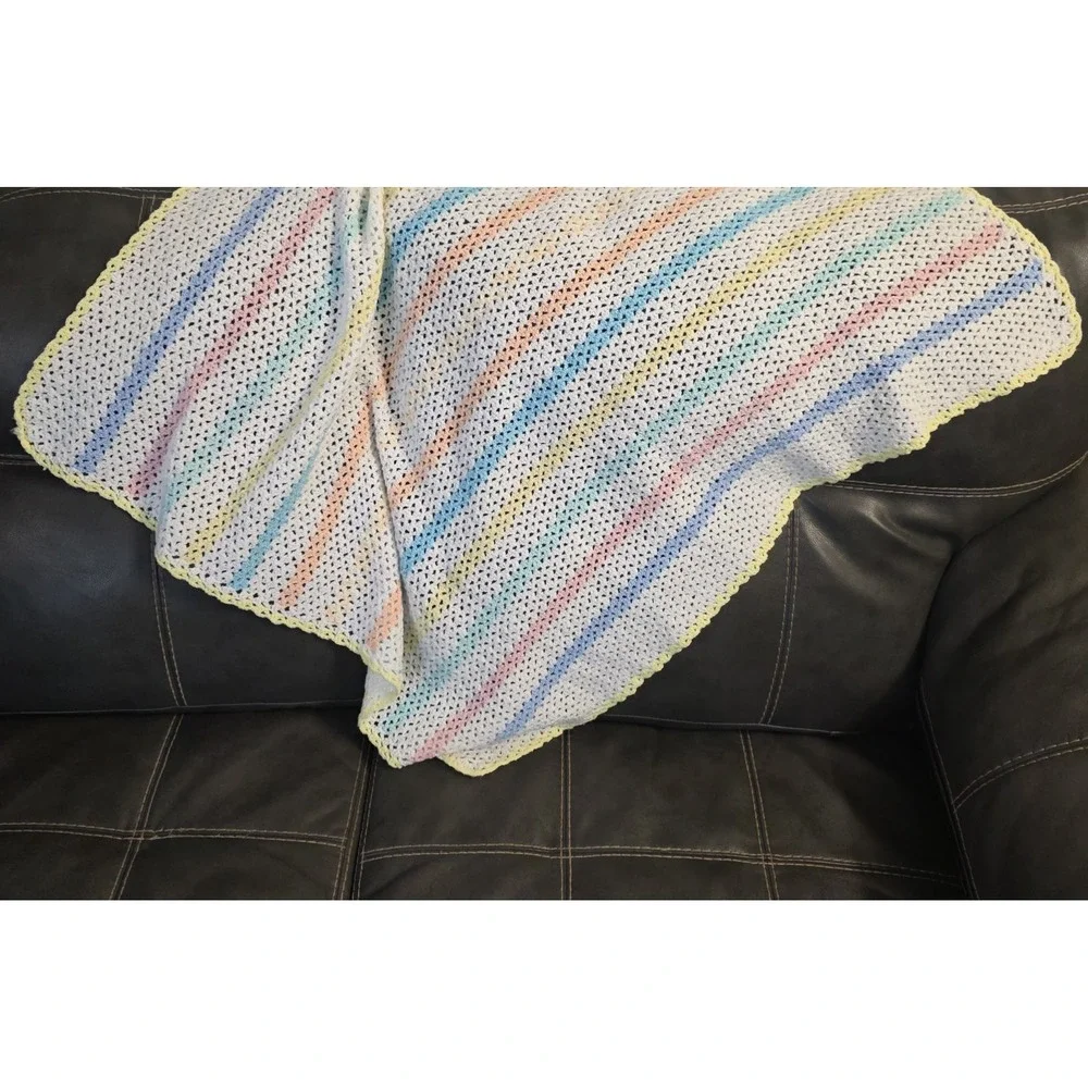 Vintage Handmade Afghan Knitted Blanket Throw‎ Multi Colored Stripe 44 X 44